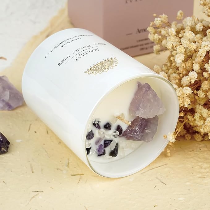 Healing Crystal Candle, Scented Candle Infused Amethyst and Clear Quartz Crystals, Lavender & Vanilla Scented,Positivity Energy Wellness, Gift for Women Aromatherapy Clean Vegan 10Oz Jar