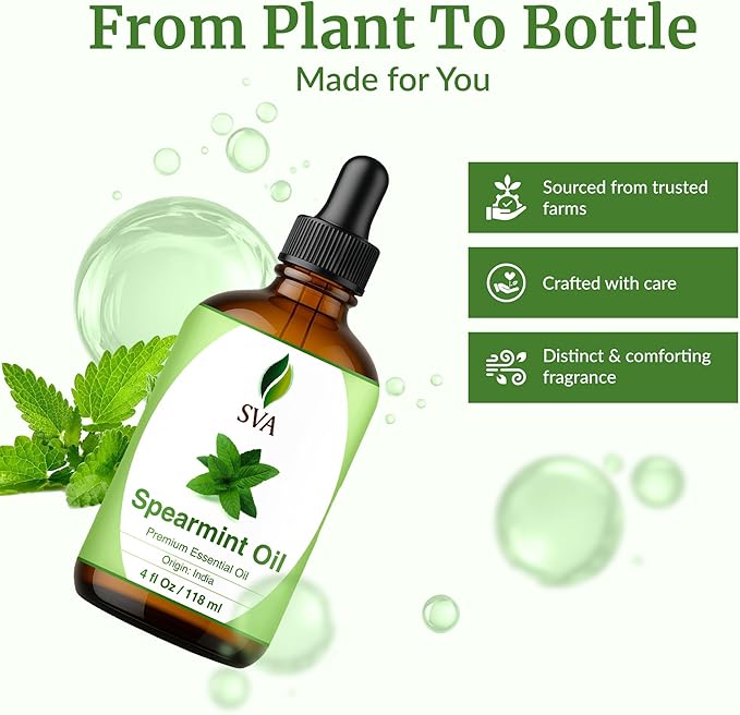 SVA Spearmint Essential Oil – 4 Fl Oz – 100% Natural Spearmint Oil - for Diffuser, Hair Care, Face, Skin Care, Aromatherapy, Scalp and Body Massage, Soap and Candle Making – with Dropper