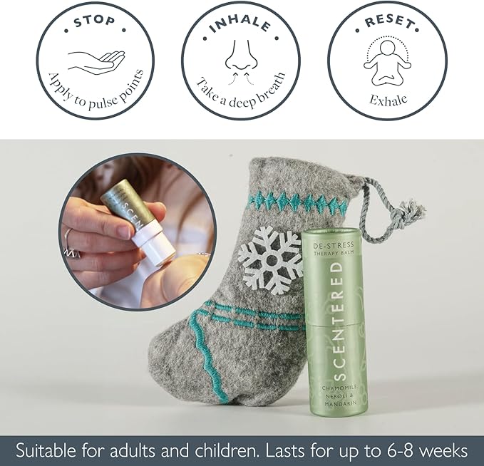 Scentered De-Stress Aromatherapy Essential Oils Balm Christmas Stocking Gift - for Calming Relaxation & Relief - Chamomile, Cedarwood, Rosemary - Self-Care Stocking Stuffers for Women