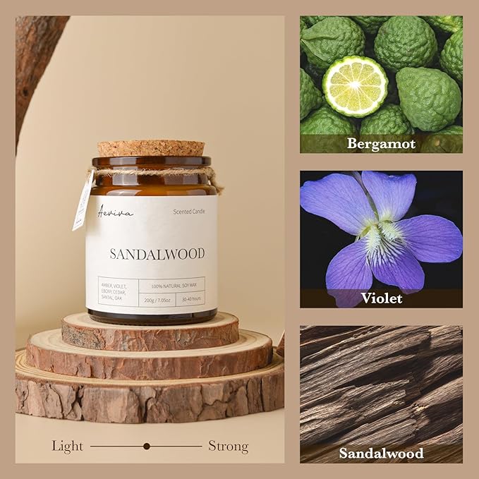 Scented Candle, 7.05 oz Sandalwood Aromatherapy Candle, Natural Soy Wax with Wooden Wick, Candles for Home Scented, Stress Relief Amber Jar Candle Gifts