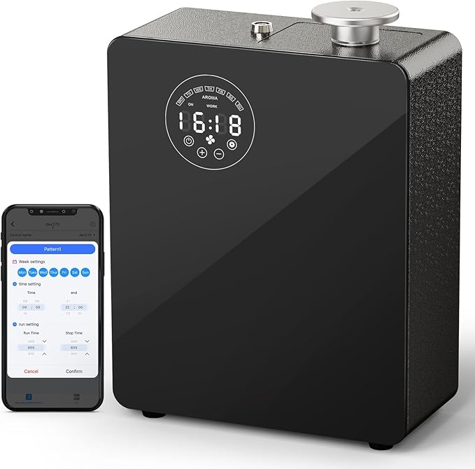 HVAC Waterless Diffuser - Smart Scent Air Machine for Home & Commercial Use, Covers 3000 sq. ft., HVAC or Portable Large Room Waterless Diffusers, Touch & Bluetooth Control, Metal, Black
