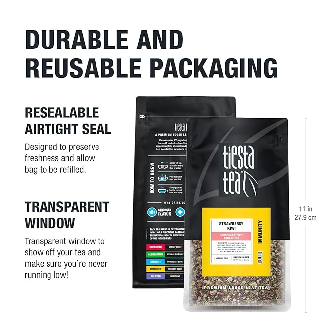 Tiesta Tea - Strawberry Kiwi Herbal Tea, Loose Leaf, Strawberry Hibiscus Kiwi Fruit Tea, Premium Caffeine-Free Herbal Blend, Make Hot or Iced & Up to 200 Cups, 16 oz Resealable Bulk Pouch