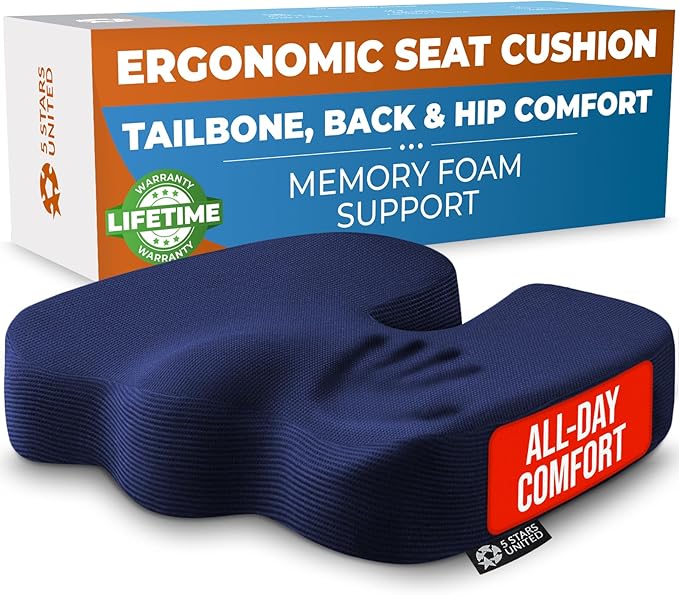 5 STARS UNITED Seat Cushion for Tailbone Pain Relief – Memory Foam Cushion for Coccyx, Hip, Hemorrhoid, Sciatica & Post-Surgery Recovery – Wheelchair, Car, Desk, Gaming & Office Chairs, D Blue