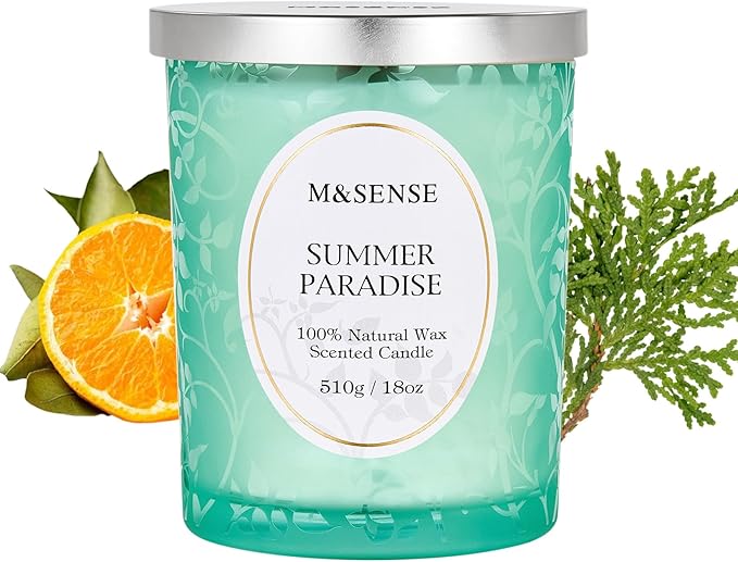 M&SENSE Summer Paradise Scented Candle, Cracking Wooden Wick Soy Wax, 18oz 100 Hours Long Lasting Clean Burn, Large Jar Candles for Home Decor, Non-Toxic Relaxing Aromatherapy Gifts for Women