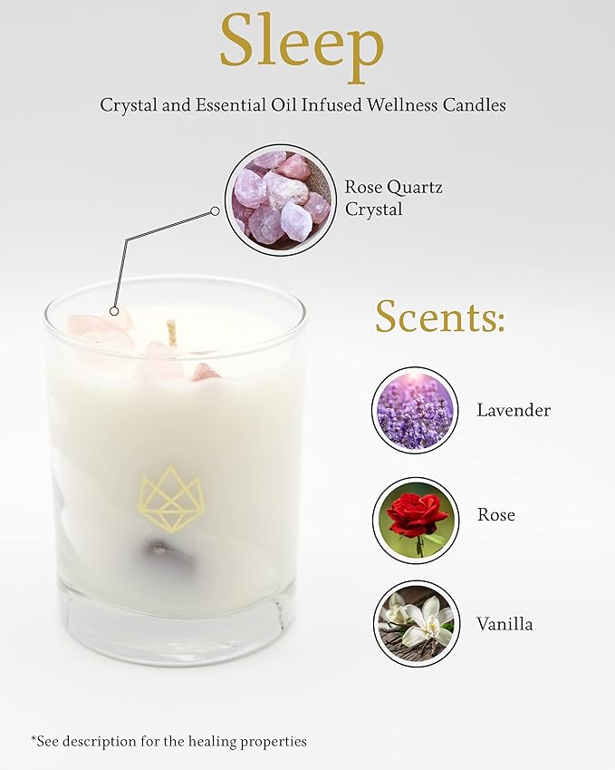 Luxury Glass Jar Candle, 14.5 OZ, Sleep - Rose Quartz Crystal Infused - Scents of Rose, Lavender, and Vanilla - Tranquility, Love, & Comfort - Coconut Wax, Valentine's Day Gift