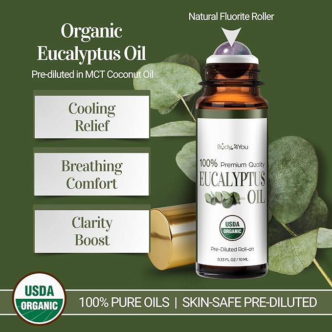 BodyJ4You Eucalyptus Essential Oil Roll On - Pure 100% USDA Organic MCT Coconut Oil - Natural Fluorite Stone Roller - Breath Support Cooling Temple Chest Wrist - Amber Glass Bottle Rollerball (10ml)