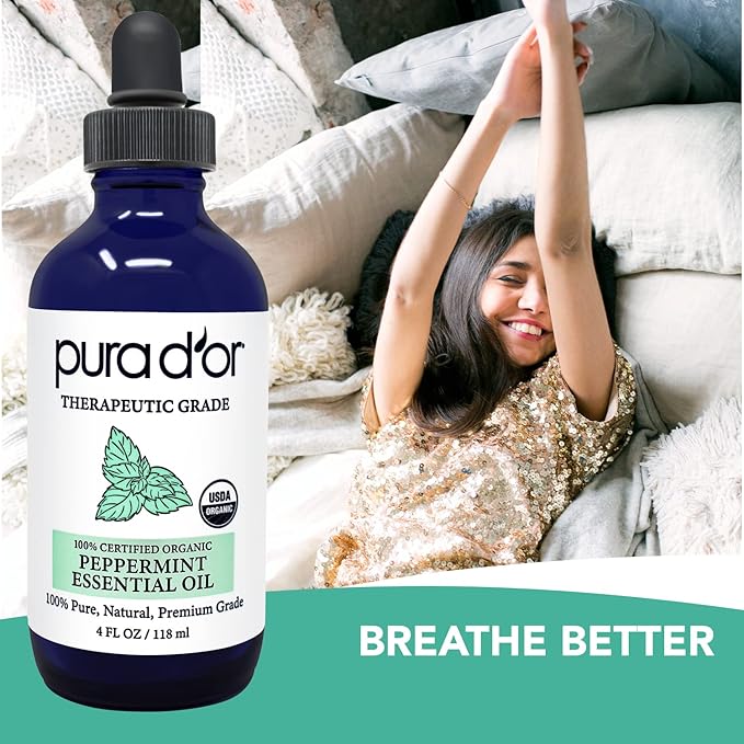 PURA D'OR Organic Peppermint Essential Oil (4oz with Glass Dropper) 100% Pure & Natural Therapeutic Grade - Hair, Body, Skin, Aromatherapy Diffuser, Massage, Refreshens, Energy, Mood, Home, DIY Soap