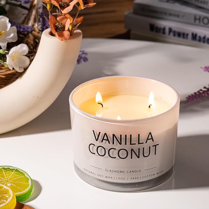 Vanilla Coconut Scented Candle, Luxury Large 3 Wick Soy Candle 12 Oz, 60+ Hour Long Lasting Clean Burn, Elegant Aromatherapy Home Decor, Housewarming & Birthday Gift for Men & Women