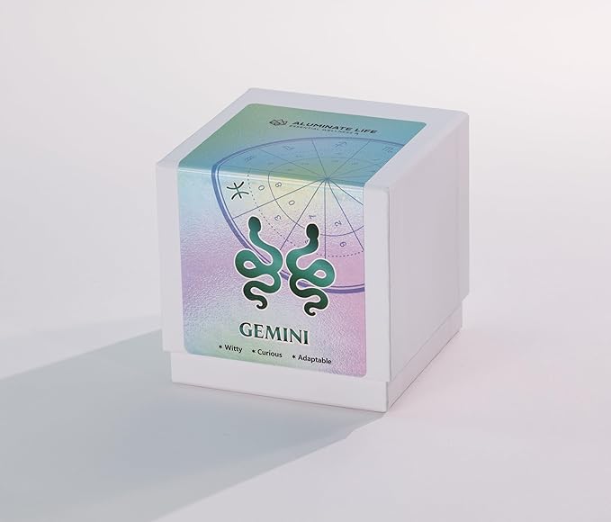 Luxury Glass Jar Candle, Gemini Zodiac Sign, 8.8 oz - Crystal Infused - Scents of Ozone, Jasmine, Moss & Wood - Made in USA, Hand Poured, Coconut-Soy Wax, Essential Oils, Dr. Developed
