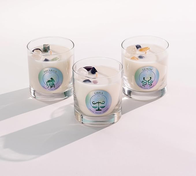 Luxury Glass Jar Candle, Gemini Zodiac Sign, 8.8 oz - Crystal Infused - Scents of Ozone, Jasmine, Moss & Wood - Made in USA, Hand Poured, Coconut-Soy Wax, Essential Oils, Dr. Developed