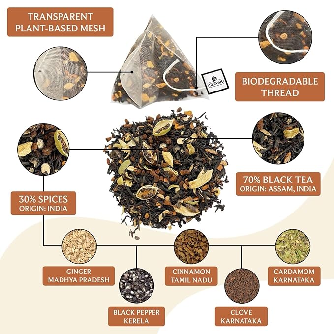 BREWIX, Masala Chai Tea Bags (50 Pyramid Tea Bags) Strong, Robust & Spicy - Pure Ingredients | Black Tea, Cinnamon, Ginger, Black Pepper, Cardamom & Cloves, Packed in Resealable Ziplock Pouch
