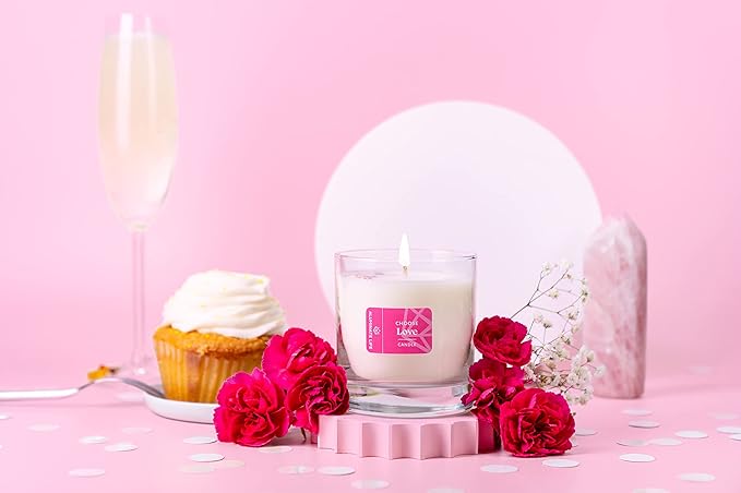 Luxury Glass Jar Candle, 8 OZ, Choose Love - Valentine's Day Gift Rose Quartz Crystal Infused - Scents of Jasmine, Magnolia, Oakmoss & Cedarwood - Intense & Deep Affection