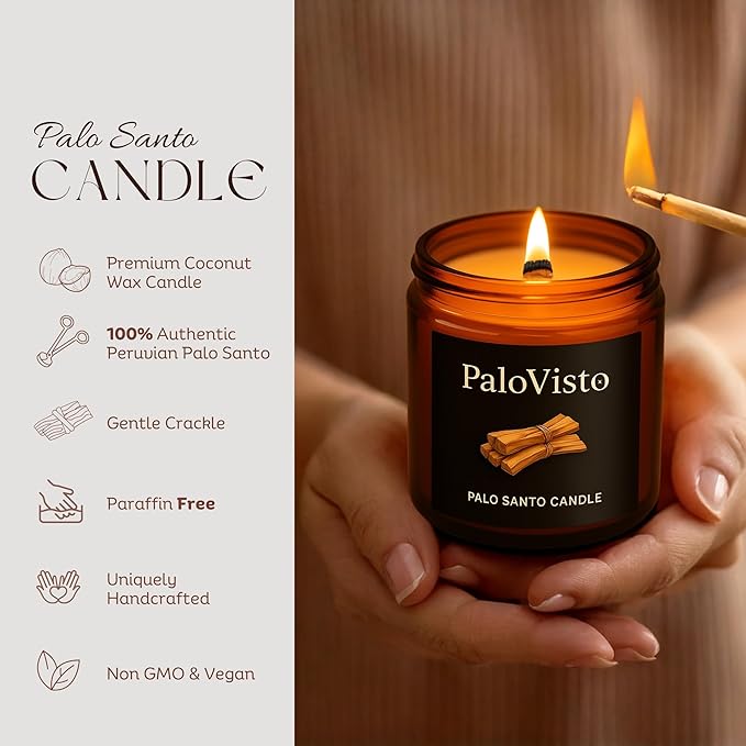 Palo Santo | Natural Coconut Wax Candle | Authentic Peruvian Palo Santo | Paraffin-Free | Crackling Wood | Handcrafted Gift | Luxury Aromatherapy for Home & Wellness | 8 oz | 60-Hour Burn