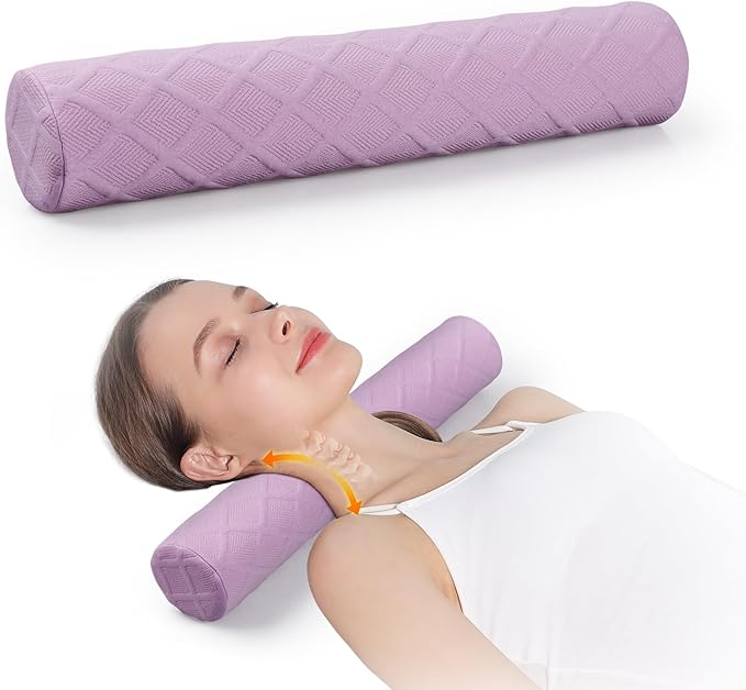Cozyhealth 3.1" H Small Cervical Roll Pillow, Medium Soft Memory Foam Neck Round Pillow Cylinder Bolster Pillow for Sleeping, Round Neck Support for Bed, Legs, Back and Yoga (Purple, Small - 3.1" H)