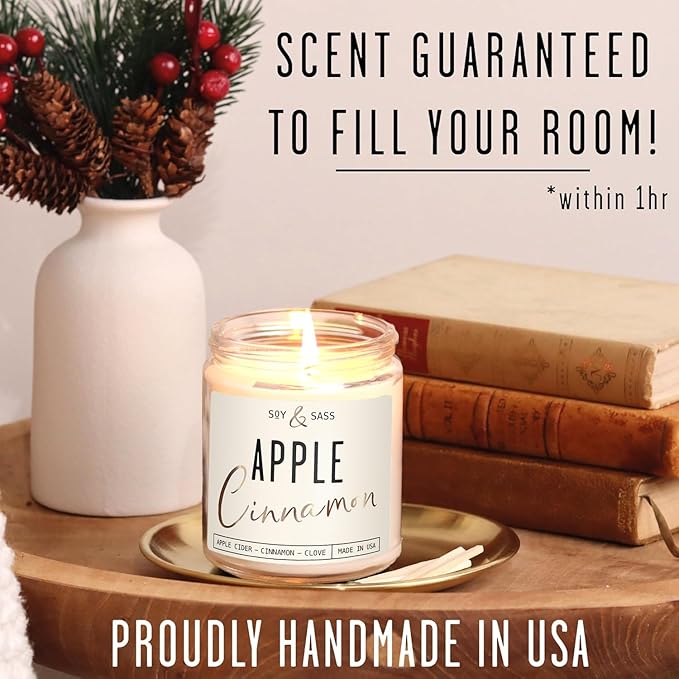 Apple Cinnamon Candles, Cinnamon Apple Candle - 'Apple Cinnamon' Infused w/Essential Oils I Scented Strong Soy Candles for Home for Christmas/Fall I Apple Pie Candle I 50Hr Burn, Made in USA