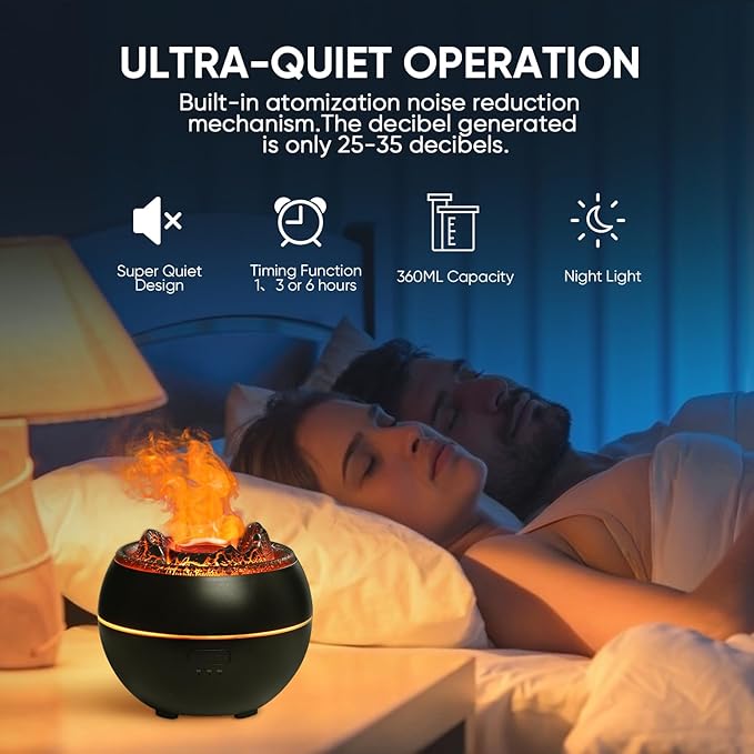 Essential Oil Diffuser, Volcano Fire Flame Aromatherapy Diffuser, 360ml Ultrasonic Cool Mist Humidifier, Scent Aroma Diffuser with 7 Colors Light, Timer & Auto Shut-Off for Home, Room (Black)