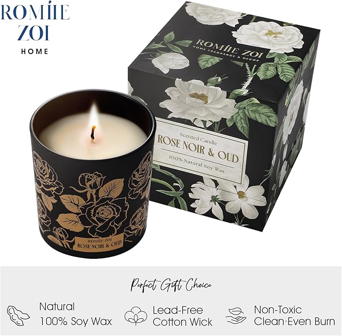 ROMIIE ZOI Scented Candle - Rose Noir & Oud- 6oz Aromatherapy Soy Wax Jar Candle for Home, Gifts for Women - 170g