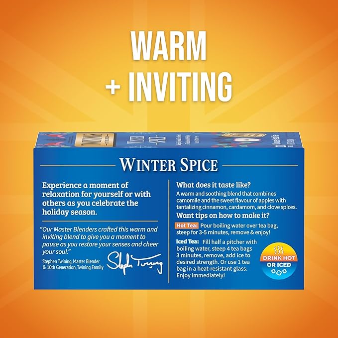 Twinings Winter Spice Herbal Tea Individually Wrapped, 20 Count (Pack of 1), Camomile, Apple, Cinnamon, & Clove, Naturally Caffeine-Free, Enjoy Hot or Iced, 20 Teabags