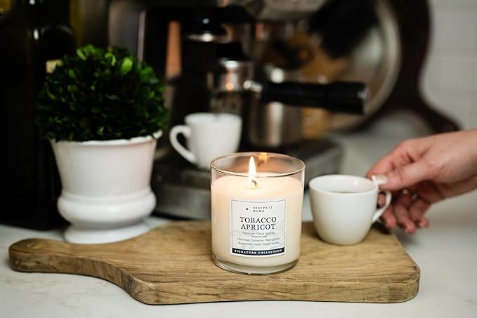 PERIPETI Home Tobacco + Apricot Scented Candle - Classic Wick, 8.5oz Natural Soy Wax for Warm & Fruity Aromatherapy - Long-Lasting Bold Fragrance for Home or Office
