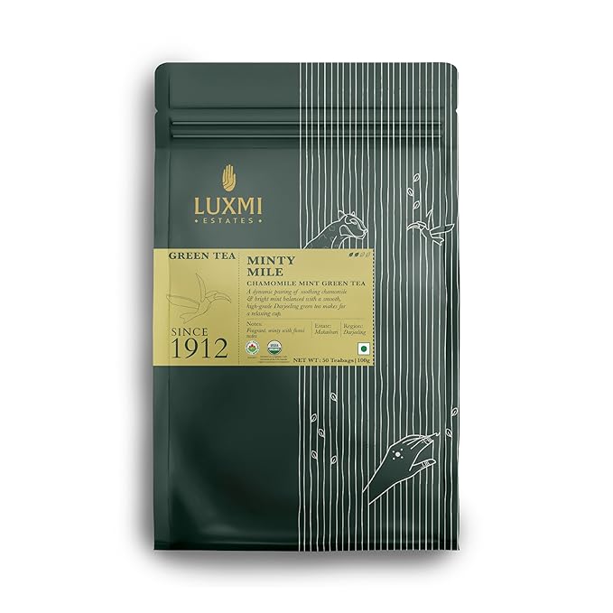 Luxmi Estates Minty Mile Organic Chamomile Mint Green Tea (50 Tea Bags) Low Caffeine Tea Bags For Relaxing, Calming, and Stress Relief, With Certified Organic Darjeeling Makaibari Green Tea