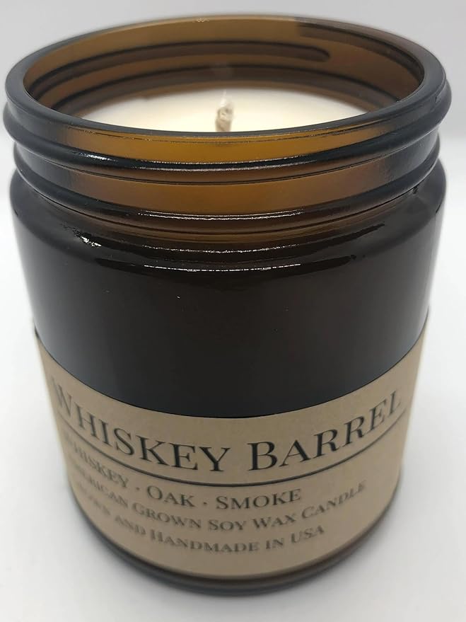 Scented Soy Wax Candle (8.0 oz) 50-60 Hour Burn Time, Cotton Wick, Amber Glass Jar, Grown and Made in USA - Whiskey Barrel