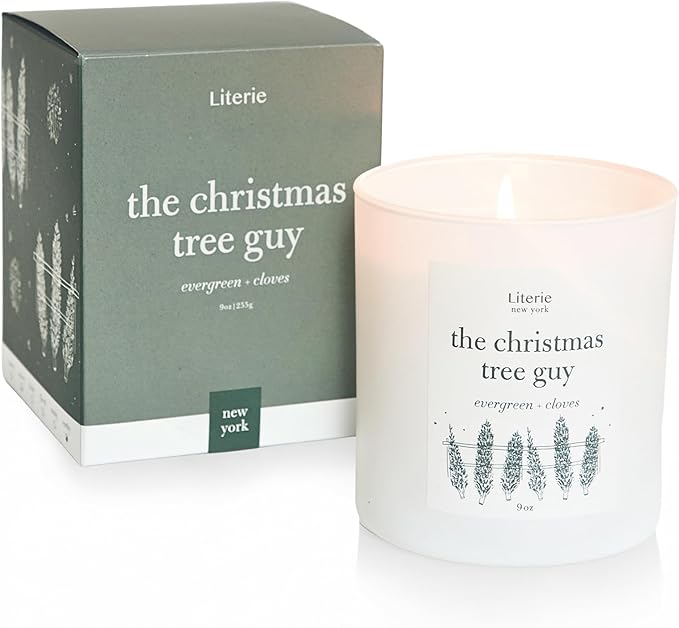 Literie NYC Inspired Scented Candle: The Christmas Tree Guy - Evergreen & Cloves Scent, 9oz, 50 Hour Burn, Vegan Soy & Coconut Blend Candle for Home Decor, Gift for Women & Men