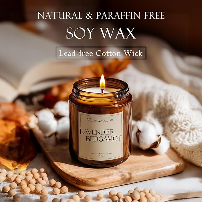 Lavender & Bergamot Scented Candles for Home, Natural Soy Wax Aromatherapy Non Toxic Candle Gifts for Women Men, Home Fragrance Decoration Glass Jar Candle for Meditation and Relaxation (9oz