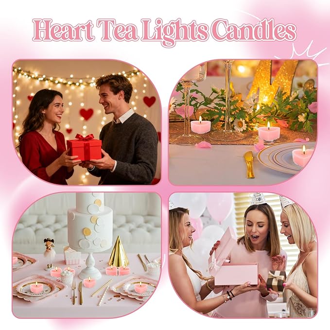 50 PCS Heart Shaped Tea Light Candles, Rose Scented 4-Hour Burn Smokeless Tealights for Valentine's Day, Wedding Anniversary, Proposal，Romantic Decorations