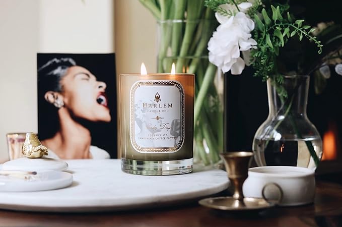 HARLEM CANDLE CO. Lady Day - Luxury Scented Soy Candle, 11 oz - 80-Hour Burn Time | Gardenia, Jasmine, Lush Green Leaves, Neroli Blossom, and Coconut Milk | Scented Candles for Home