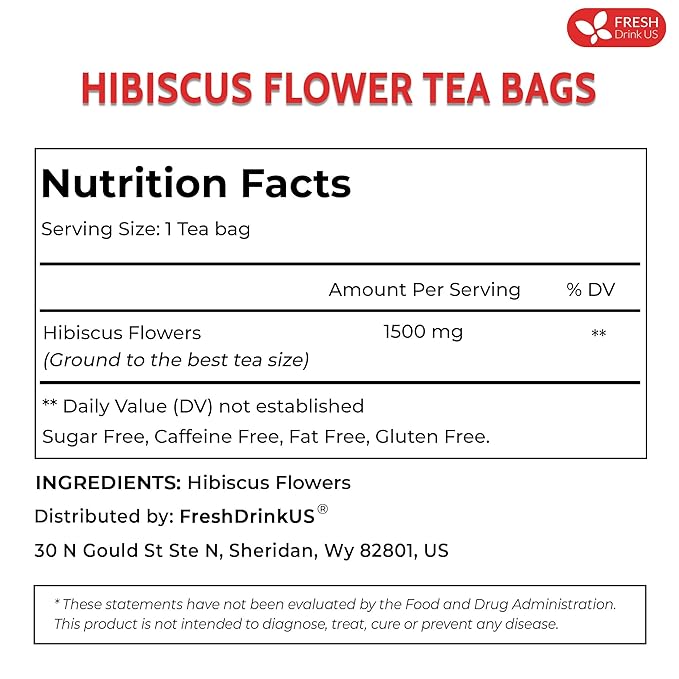 FreshDrinkUS, Premium 40 Hibiscus Flowers Tea Bags, 100% Natural, Pure from Hibiscus Flowers. Loose Flower Herbal Tea. No Sugar, No Caffeine, No Gluten, Vegan.