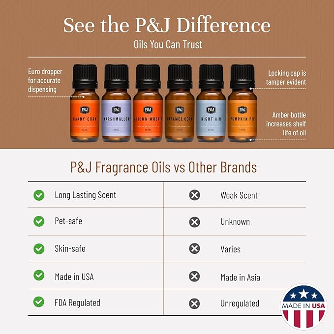 P&J Fragrance Oil Halloween Set | Autumn Wreath, Pumpkin Pie, Candy Corn, Marshmallow, Night Air, and Caramel Corn Candle Freshie Scent for Candle Making, Soap Making Supplies