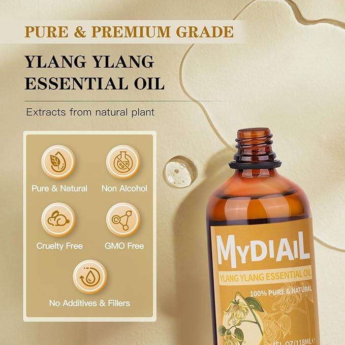 Ylang Ylang Essential Oil (4 OZ) Natural Ylang Ylang Oil Long Lasting Aromatherapy Essential Oil for Diffuser, Bathing, Skin & Hair Care, Massage, Candle Making, Perfume - 118ml