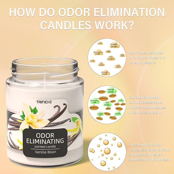 TRINIDa Vanilla Bean Odor Eliminating Candles for Home Scented, Eliminates 99% of Pet, Smoke, Food and Other Smell Quickly, Highly Fragranced Scented Candle, Premium Soy Candle Set for Women