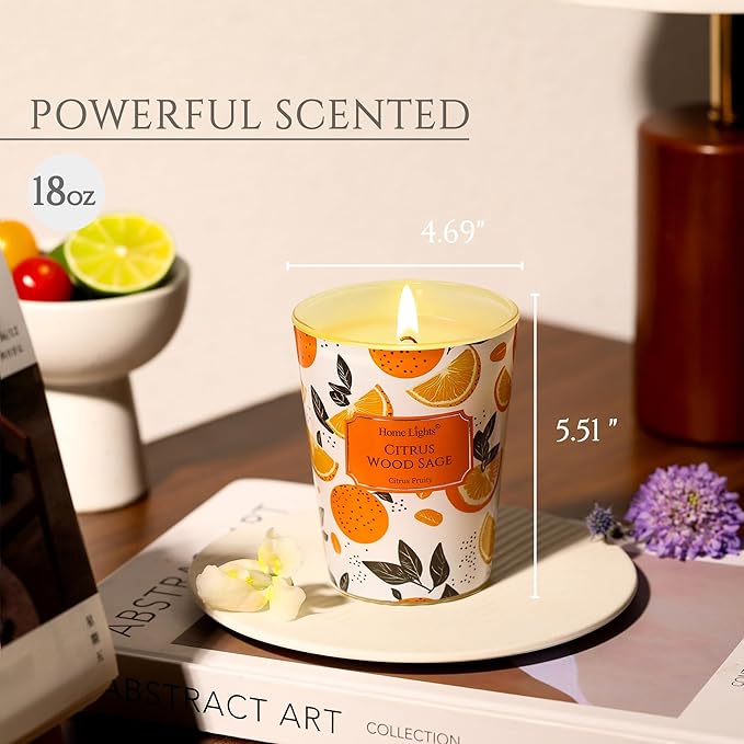 HomeLights Citrus Wood Sage Scented Candles | 6.7oz Soy Candles Eclectic Mixed Styles Large Candle Jars | Ideal Candle Gifts for Events, Home Decor Stress, Relief & Relaxation