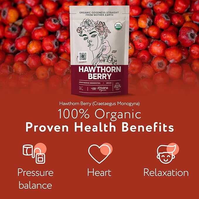 Zhivana Organics Organic Hawthorn Berry (8oz.) - Hawthorne Tea for Herbal Teas, Infusions, Tinctures, Culinary Recipes