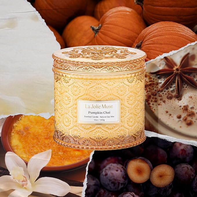 LA JOLIE MUSE Pumpkin Chai Candle | Spicy Chai & Vanilla | 12 oz Double Wick Soy Candle | 60 Hours Clean Burn | Elegant Home Décor & Hosting Gift