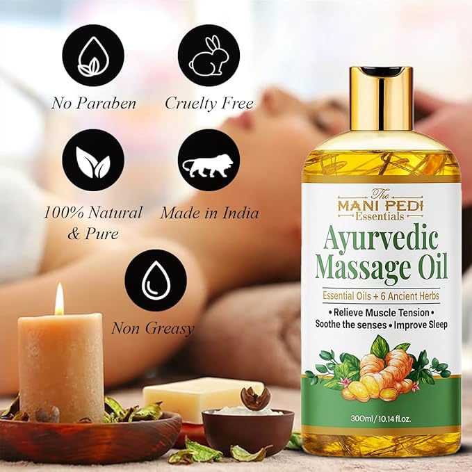 Ayurvedic Massage Oil enriched with Clove, Almond, Lemongrass & Lavender Oils & 6 Ancient Herbs. Relieves Muscle Tensions, Calms Nerves, Soothes. 100% Natural 300ml