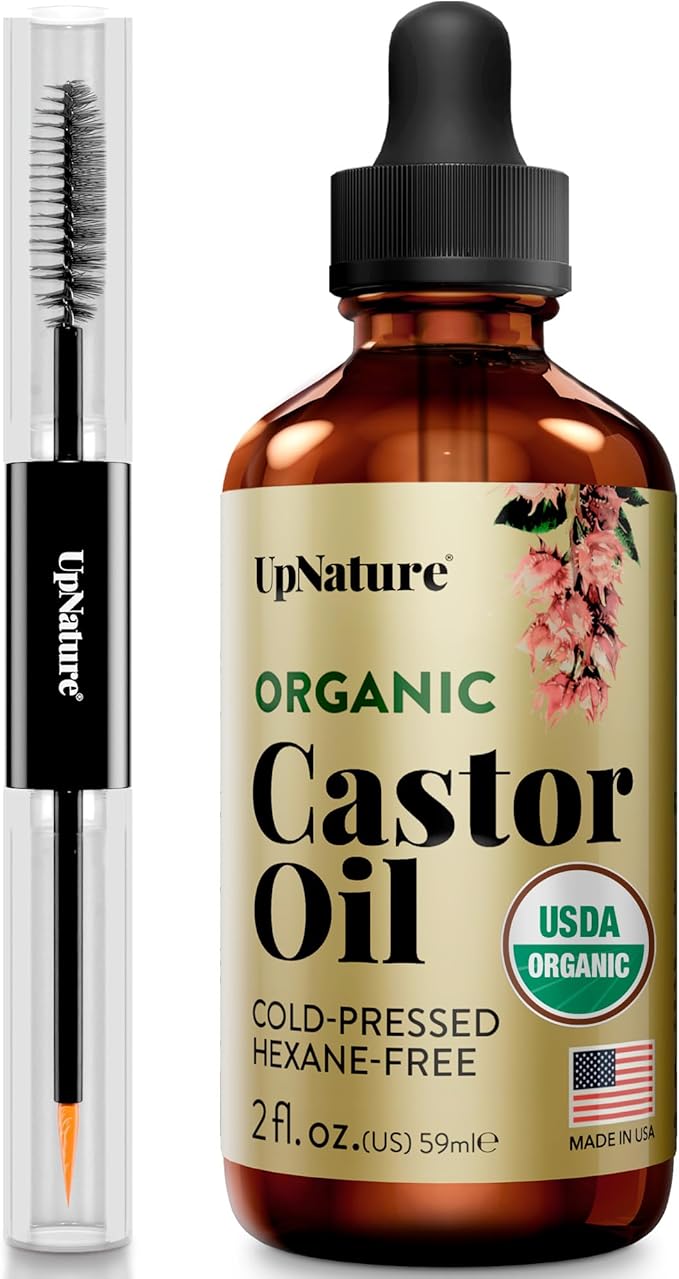 UpNature Organic Castor Oil Lash Serum for Eyelashes and Eyebrows Growth - 100% Pure Cold Pressed Hexane-Free (2oz Glass Bottle)