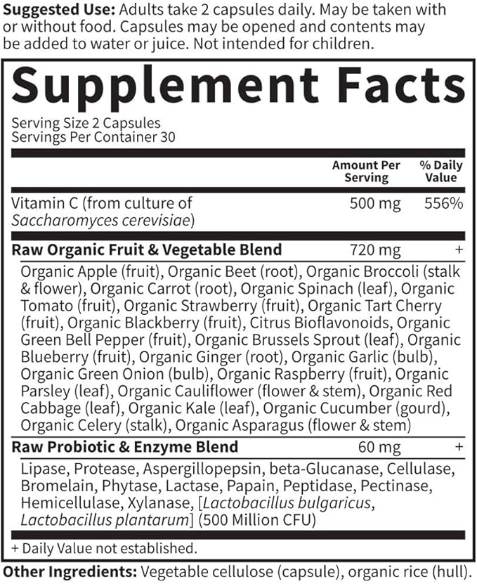 Garden of Life Vitamin Code Raw Vitamin C - 60 Capsules, 500mg Whole Food Vitamin C Capsules + Fruit & Veggie Blend & Probiotics, Supplements for Adults, Vegan, Gluten Free