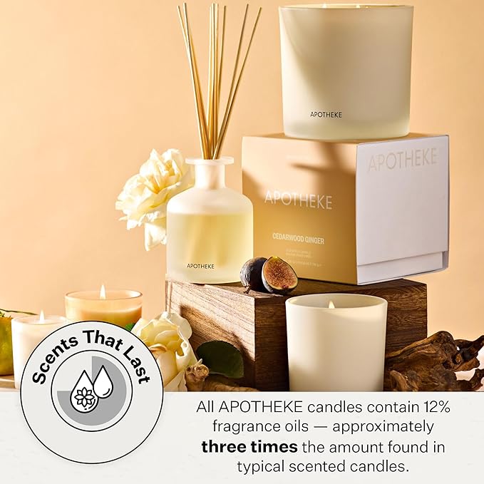 Apotheke 3-Wick Scented Candles for Home, Cedarwood Ginger - 26 oz Soy Wax Jar Candle Gift for Women - Long-Lasting Fragrance with Perfume-Grade Essential Oils - Patchouli, Red Tea, Fig & Coconut
