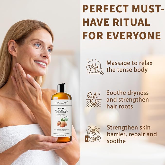 MAYJAM Sweet Almond Oil 16 Fl Oz, USDA Certified Pure and Natural Carrier Oil, for Skin and Hair Moisturizing, Hair and Body Massage Oil for Essential Oils Mixing (473ml)
