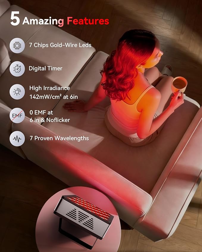 Red Light Therapy for Face and Body, 60 3+4 Chips LEDs 460nm-880nm, Blue Light, Red and Near Infrared Light Therapy Devices with 7 Wavements, Red Light Therapy for Home Office & Gym