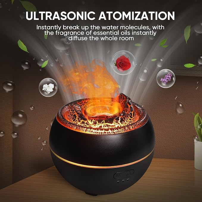 Essential Oil Diffuser, Volcano Fire Flame Aromatherapy Diffuser, 360ml Ultrasonic Cool Mist Humidifier, Scent Aroma Diffuser with 7 Colors Light, Timer & Auto Shut-Off for Home, Room (Black)