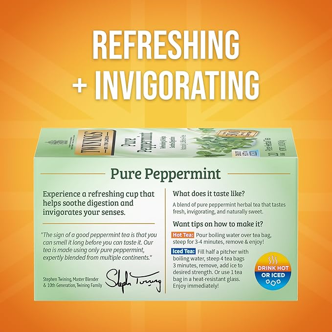 Twinings Pure Peppermint Herbal Tea Individually Wrapped Bags, 20 Count (Pack of 1), Fresh Minty Flavour, Naturally Caffeine-Free, Enjoy Hot or Iced, 20 Teabags