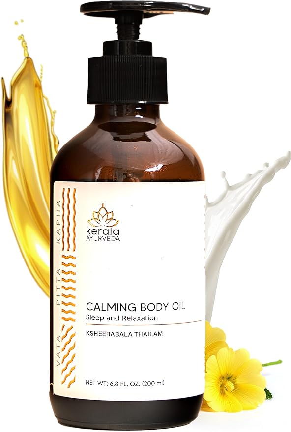 Kerala Ayurveda Calming Body Oil for Relaxation and Sleep (6.8 Fl Oz) | Ksheerabala Thailam | Herbal Foot Massage Oil to Destress & Rejuvenate | Non-Habit Forming | Ayurvedic Recipe for Relaxation