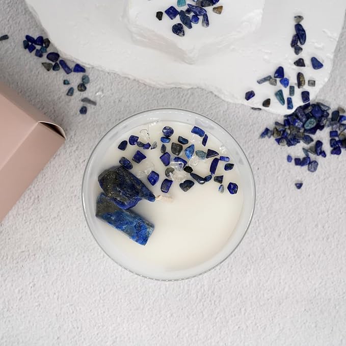 Healing Crystal Candle, Scented Candle Infused Lazurite Clear Quartz Crystals, Amber Ocean Scented, Positivity Energy, Cleansing Wellness, Gift for Women, Aromatherapy Clean Vegan 10Oz Jar