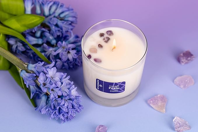 Luxury Glass Jar Candle, 8 OZ, Choose Pride - Amethyst Crystal Infused - Scents of Lilac, Lavender, Cypress & Leather - Confidence, Pleasure, & Self-Respect - Coconut Wax, Essential Oil