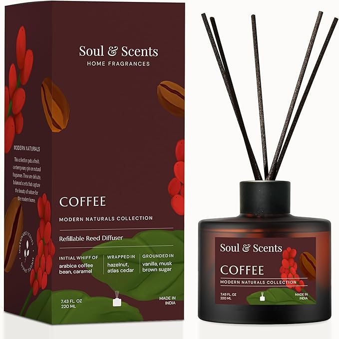 Soul & Scents Reed Diffuser Set – Coffee | 7.43 oz Refillable Scented Oil with 6 Fiber Sticks | Long-Lasting Home Fragrance & Air Freshener for Bedroom, Bathroom, Office | Gift & Décor Piece