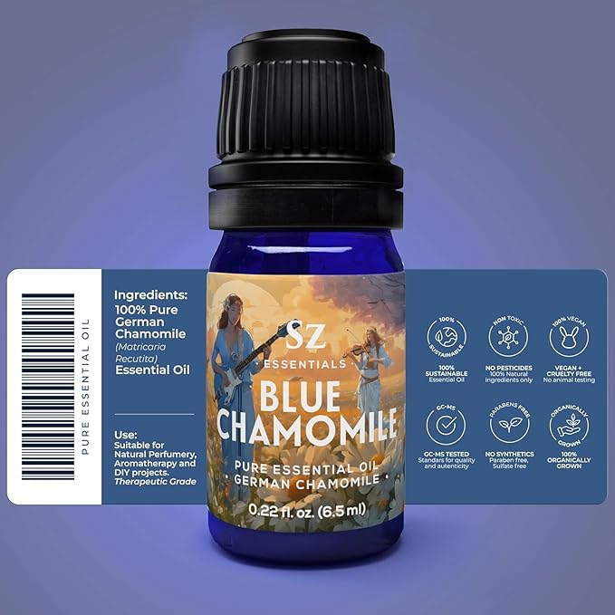 Blue Chamomile Essential Oil - Aka Deepest Blue German Chamomile - Bulgarian Grown Matricaria Recutita - Fresh, Earthy & Floral Scent - Therapeutic Grade & Vegan - 0.22 fl oz (6.5 ml)