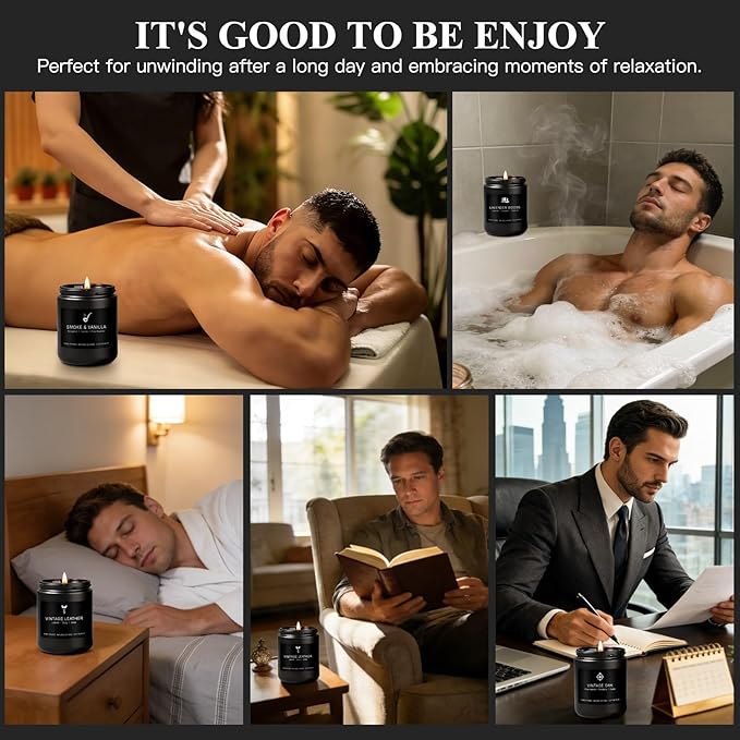Scented Candles for Men Gift Set, Masculine Soy Candle Set with Leather, Smoke & Oak Scents – 4 Pack Manly Aromatherapy Candles for Home, Office & Relaxation Gifts for Him
